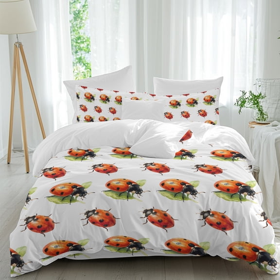 Natural Watercolor Red Black Insects Queen Size Bed Set,Seven-spotted Ladybug Bedding for All Seasons,4 Pcs Bed Set,1 Quiltcover(90"x92"),1 Sheet(94"x116"),2 Pillowcases(30"x20")