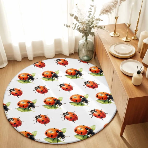 Natural Watercolor Red Black Insects Round Rug 3ft Seven-spotted Ladybug Washable Area Rugs for Living Room Bedroom Entryway Non Slip Entrance Door Mat Indoor Floor Carpet