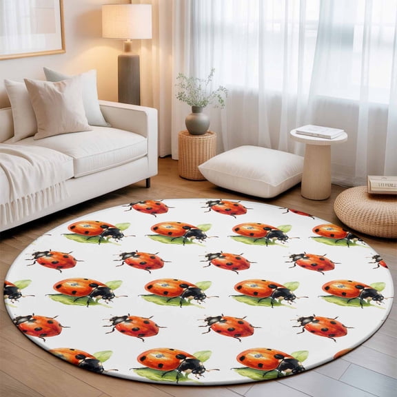 Natural Watercolor Red Black Insects Round Rug 5ft Seven-spotted Ladybug Washable Area Rugs for Living Room Bedroom Entryway Non Slip Entrance Door Mat Indoor Floor Carpet