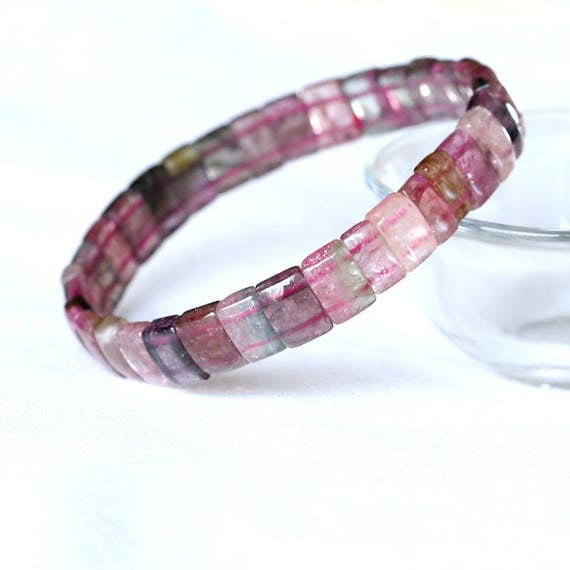 Natural Watermelon Tourmaline 6x10mm Baguette Shape Smooth Cut Beads Stretchable Bracelet for Men & Women.