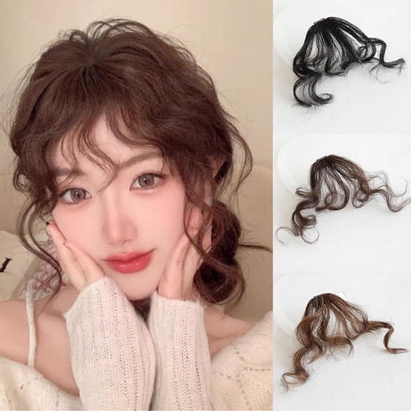 Natural Wave Long Curly Bangs Clip in Hair Extension for Women - Light Brown Wispy French Fringe Fake Bangs Hair Piece, Lightweight & Easy Styling for Daily Party Wedding