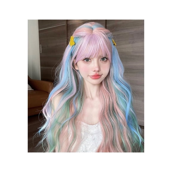 Natural Wavy Hair Wig for Women Cosplay Heat Resistant 28Inch Iridescent Rainbow Color Multicolour Synthetic Wigs with Bang Long