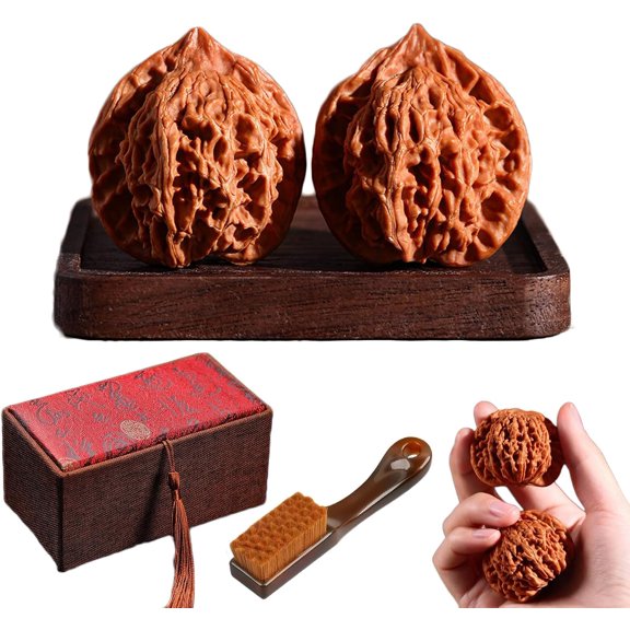 Natural Wenwan Walnuts Hand Massage Balls - Chinese Walnuts Fidget for Stress Relief & Anxiety, Traditional Jade Walnuts for Hand Finger Dexterity, Gift Box & Brush (Pointed hat A, 41-42mm)