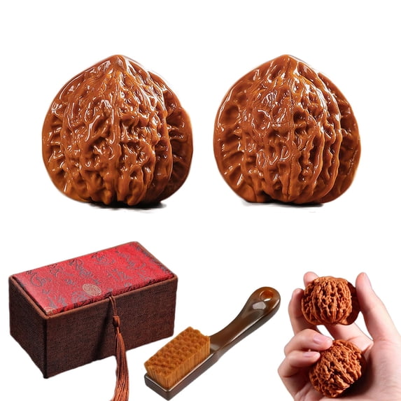 Natural Wenwan Walnuts Hand Massage Balls - Chinese Walnuts Fidget for Stress Relief & Anxiety, Traditional Jade Walnuts for Hand Finger Dexterity, Gift Box & Brush