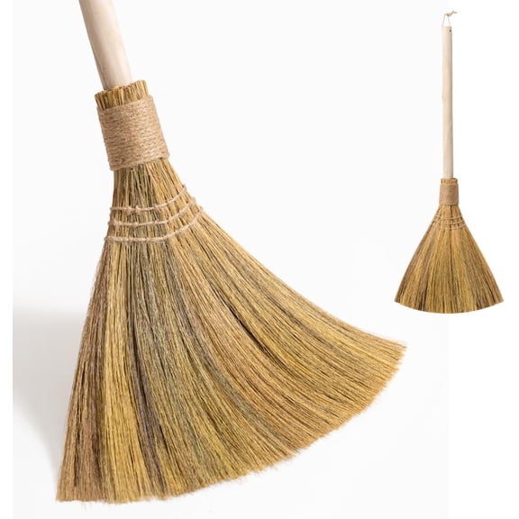 Natural Whisk Sweeping Hand Handle Broom - Brooms for Wedding Jumping Ceremony Halloween DIY Decoration Vietnamese Straw Soft 12.2" Width, 28.35" Length