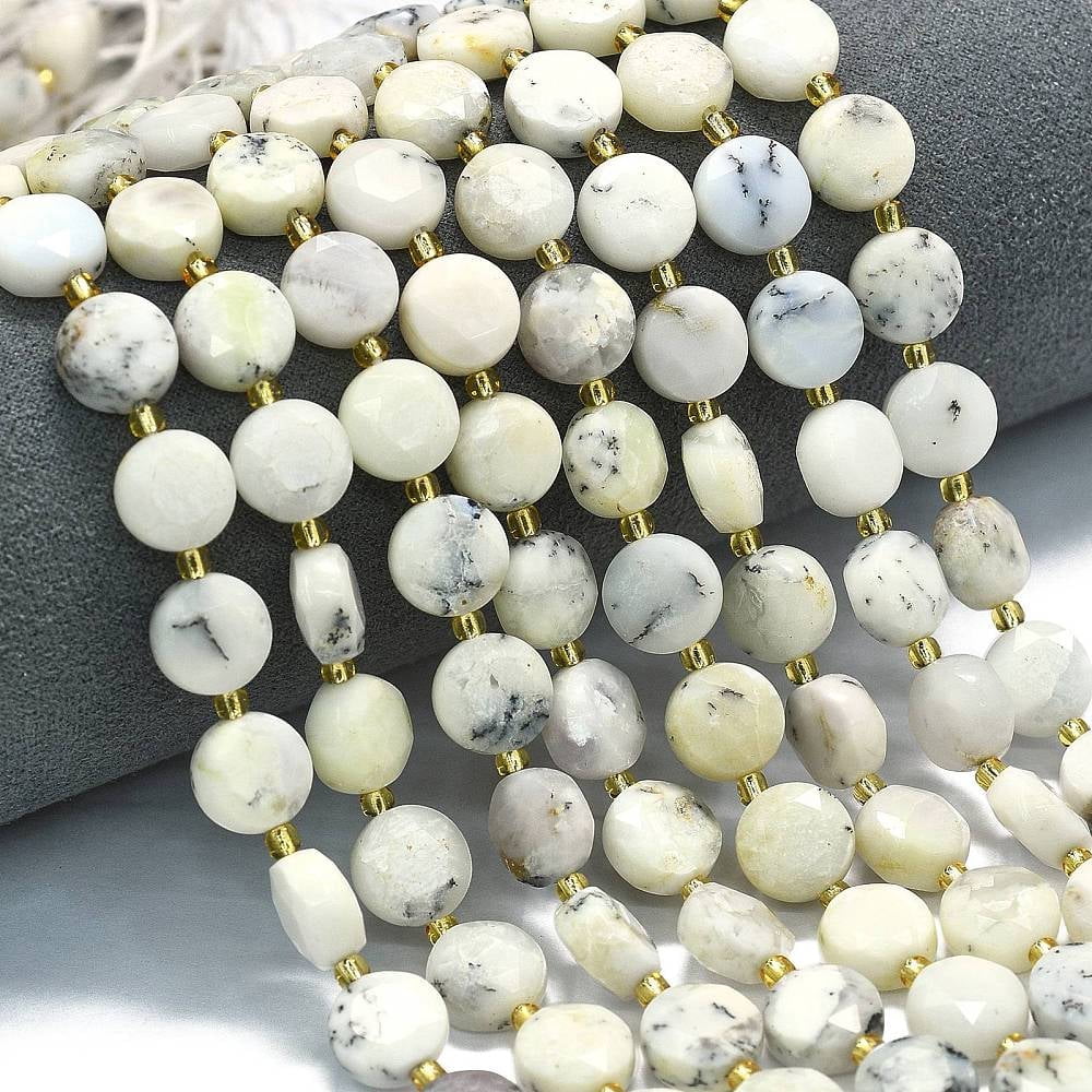 Natural White African Opal Beads Strands Faceted Cut Flat Round with Seed Beads 10~10.5x6mm Hole: 1.1mm 31~32pcs/strand 15.35''~15.55''(39~39.5cm)