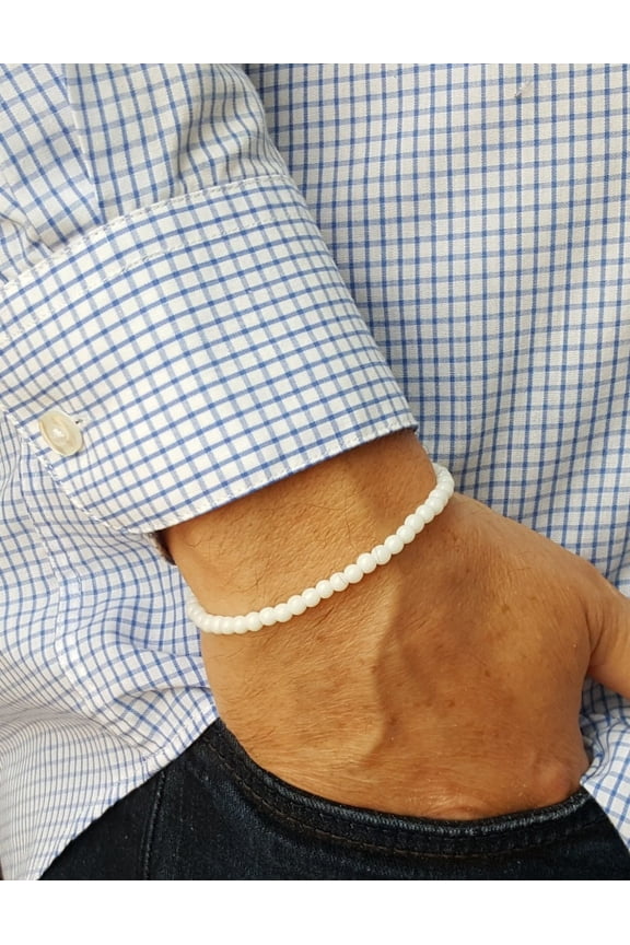 Natural White Agate 4mm Round Shape Smooth Cut Beads Stretchable Bracelet for Men & Women.