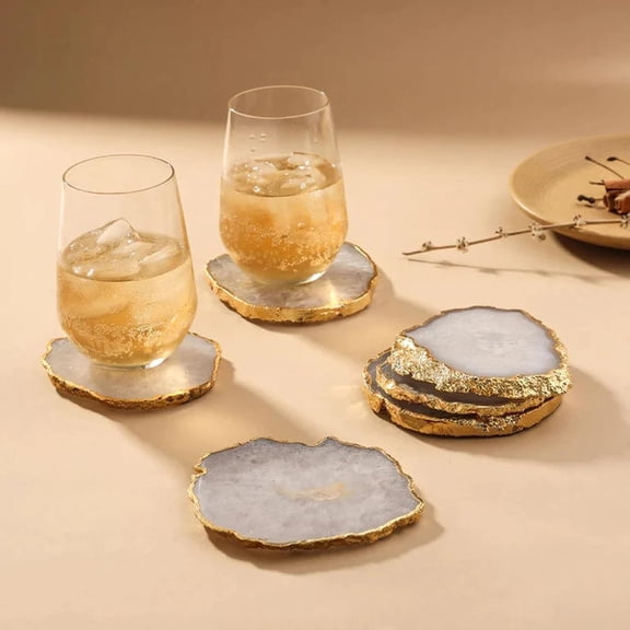 Natural White Agate Coas-TER Set of 2 Pieces| Gold Electroplated Coaster | Gift for Her Him | Coffee Home Decor Table Ware | Unique Crystal Coaster Slice | Size 3 to 4 inch.