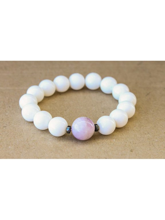 Natural White Agate With Kunzite 10-12mm Round Shape Smooth Cut Beads Stretchable Bracelet for Men & Women.