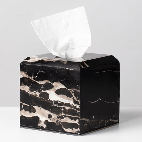 Natural White& Black Marble Tissue Box 5.6 Inch W  5.6 Inch D  6.2 Inch H, Sturdy White& Black Marble Tissue Holder, Organic Tissue Box Holder, Tissue Box Cover for Bathroom, Home Office