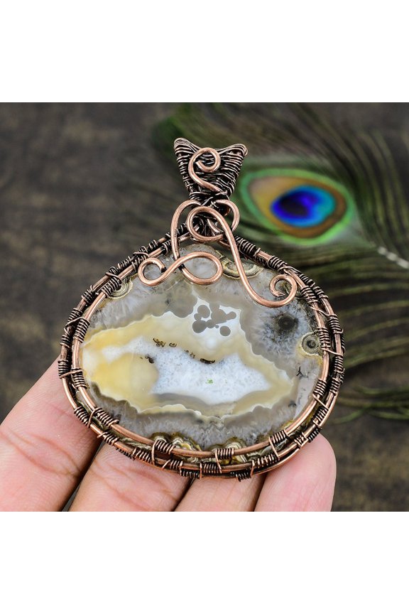 Natural White Condor Agate Gemstone Copper Wire Wrap Gift Pendant 3.07