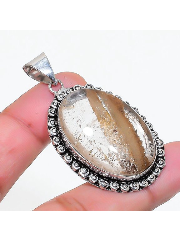 Natural White Crack Crystal Oval Shape Gemstone Gift Jewelry Pendant 2" SR 3755