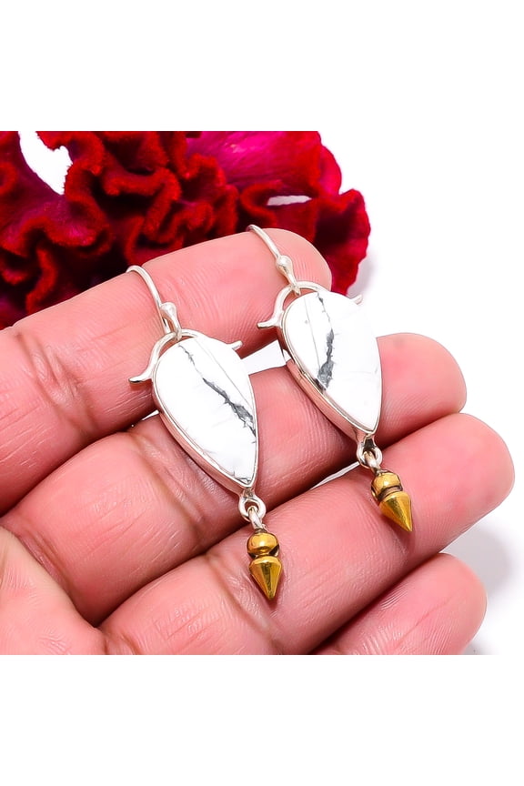 Natural White Howlite - United States 925 Sterling Silver Two Tone Arrow Head Earring 2.03" E94929, Christmas Gift