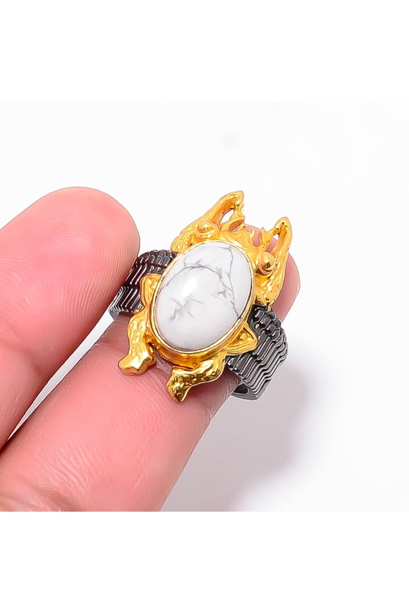 Natural White Howlite - United States & White Topaz 925 Sterling Silver Frog Ring S.7.5 R87510, Christmas Gift