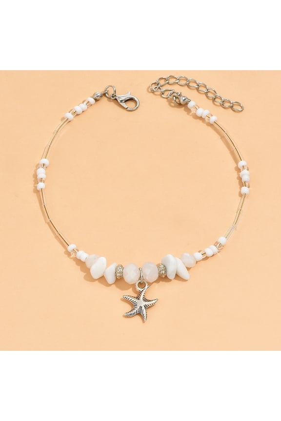 Natural White Jade Chips Glass Beads Anklets Starfish Alloy Charms Anklets Silver 8-1/4 inch(210mm)