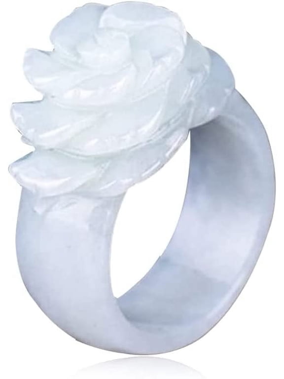 Natural White Jade Ring, Hand-carved Rose Flower Jade Ring, Crystal Clear Jade Stone Ladies Tail Ring, Eternity Ring Jewelry can Bring Good Luck for Women (8)