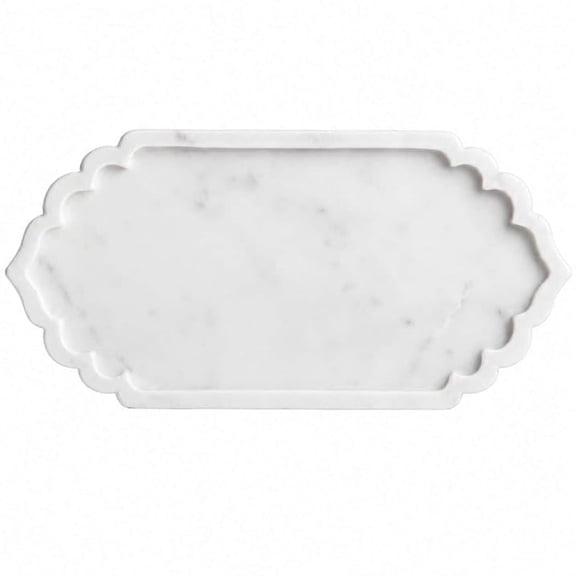Natural White Marble Scalloped Decorative & Serving Tray (14"x7" Medium), Stone Kitchen Countertop Organizer & Coffee Bar Station Platter