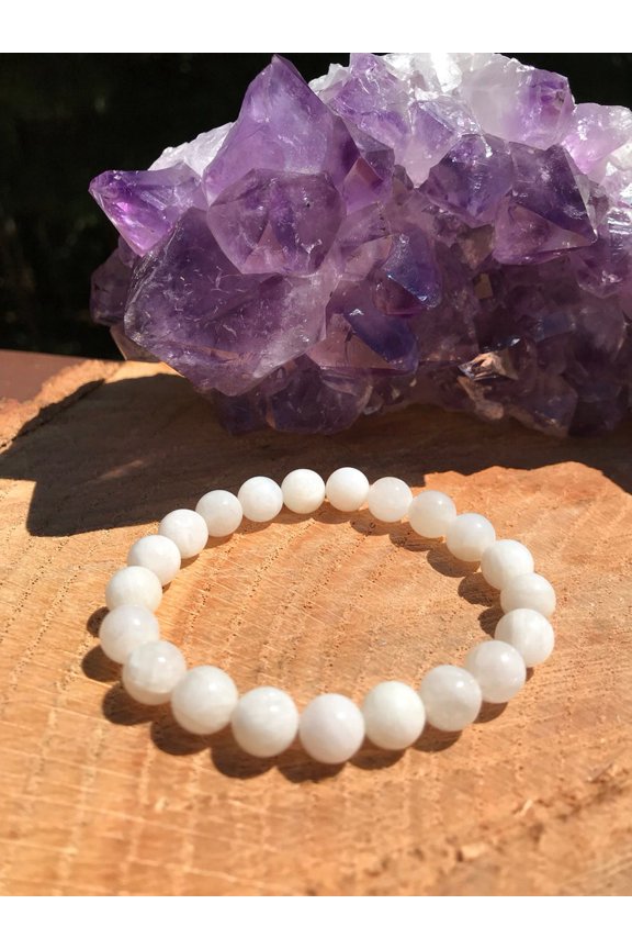 Natural White Moonstone 8mm Round Shape Smooth Cut Beads Stretchable Bracelet for Men & Women.