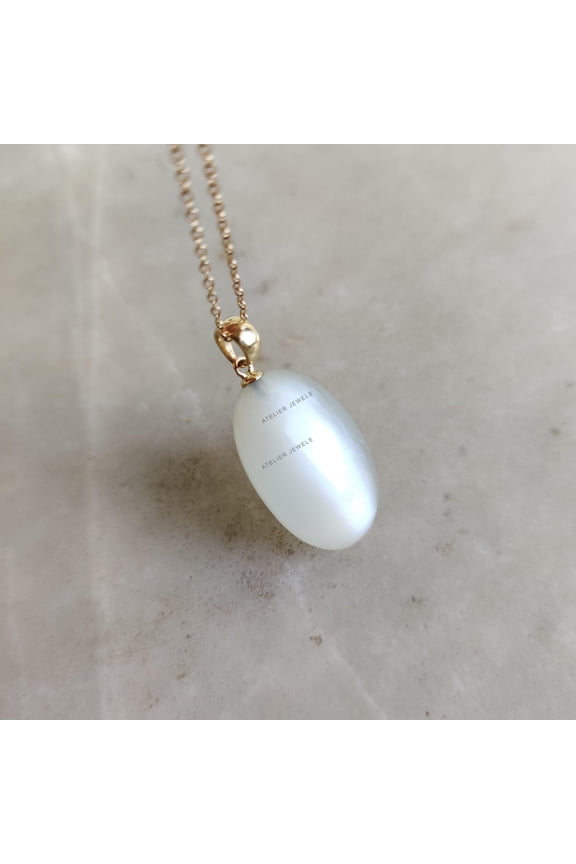 Natural White Moonstone Pendant, 14K Solid Yellow Gold White Moonstone Pendant, Drill Pendant, June Birthstone Pendant, Moonstone Jewelry