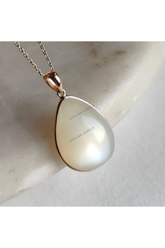Natural White Moonstone Pendant, 14K Solid Yellow Gold White Moonstone Pendant, June Birthstone, White Moonstone Jewelry, Anniversary Gift