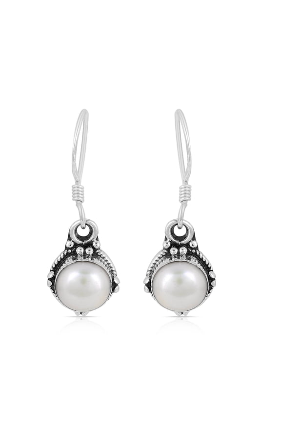 Natural White Pearl Round Dangle Earrings in 925 Sterling Silver – Handmade Bezel-Set Classic Pearl Jewelry Gift for Women