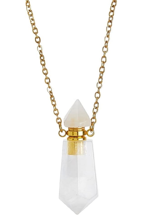 Natural White Quartz Stone Perfume Bottle Pendant Gemstone Perfume Bottle Essential Oil Necklace Diffuser Necklace Hexagonal Pointed Reiki Pendant for Woman Men for DIY