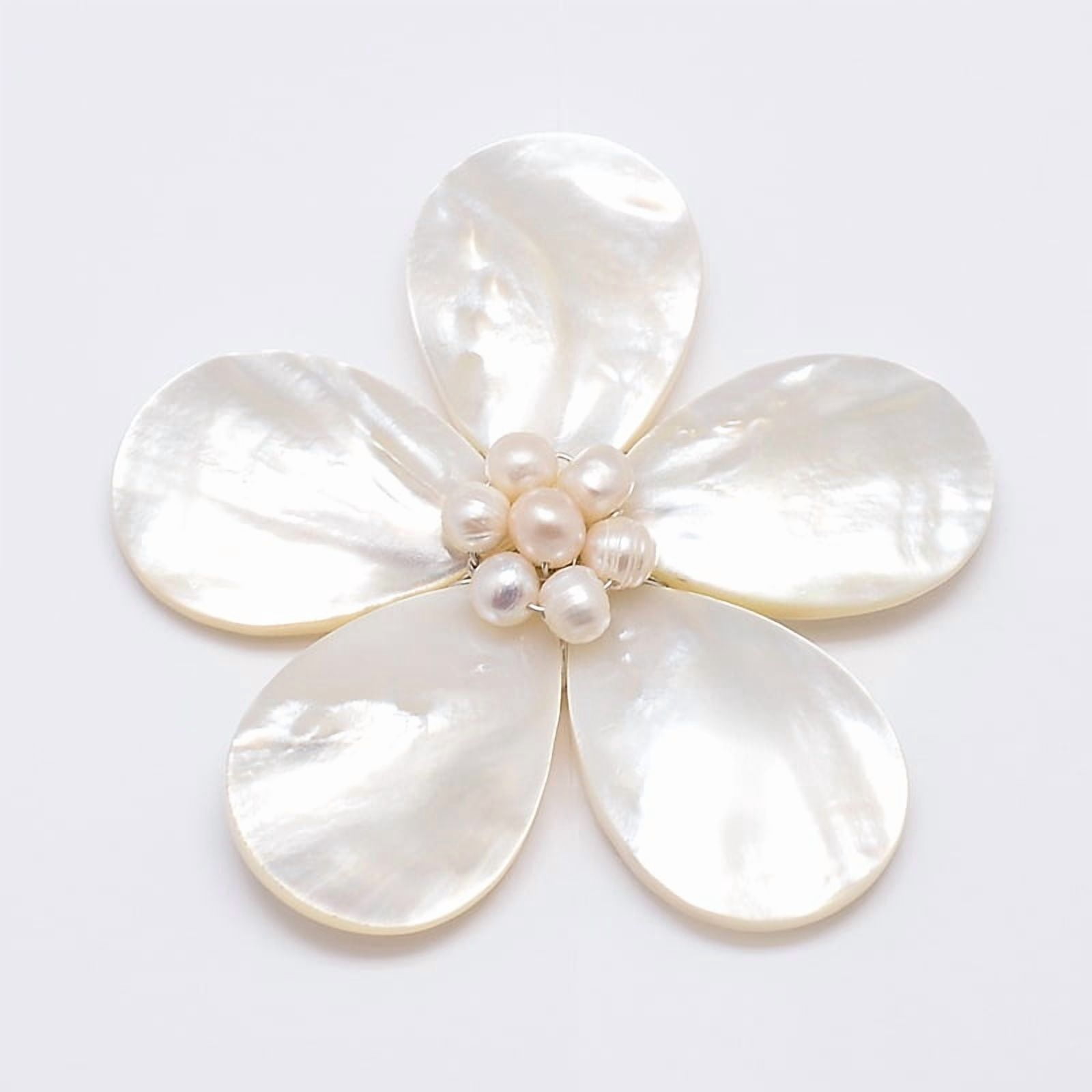 Natural White Shell Mother of Pearl Shell Flower Big Pendants with Platinum Plated Brass Findings and Pearl Beads Floral White 43x46x14mm Hole: 4x7mm