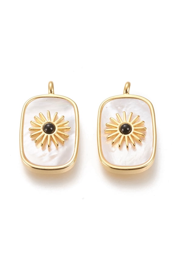 Natural White Shell Pendants with Natural Black Agate and Brass Findings Long-Lasting Plated Real 18K golden Plated Rectangle with Sun 27x16.8x6mm Hole: 3mm