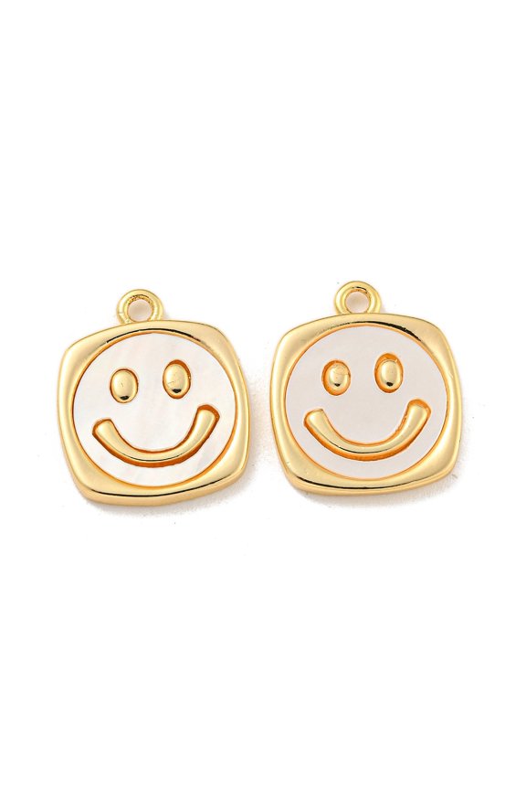 Natural White Shell Pendants Rack Plating Brass Smiling Face Charms Real 18K golden Plated 16x13x2mm Hole: 1.6mm