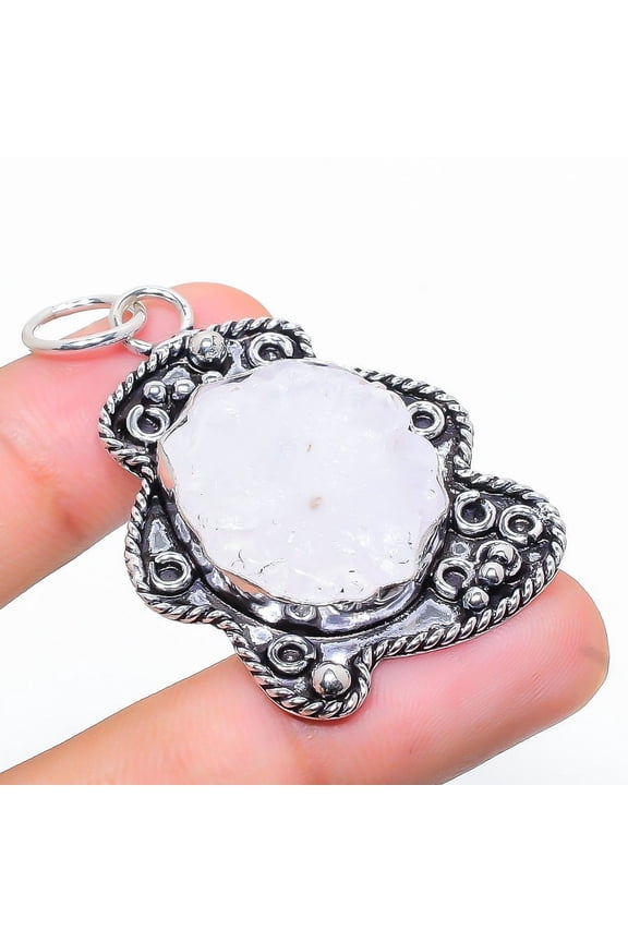Natural White Solar Quartz Gemstone 925 Sterling Silver Pendant 2.05"