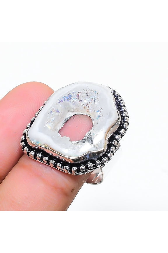 Natural White Solar Quartz Gemstone 925 Sterling Silver Ring Size 7.5