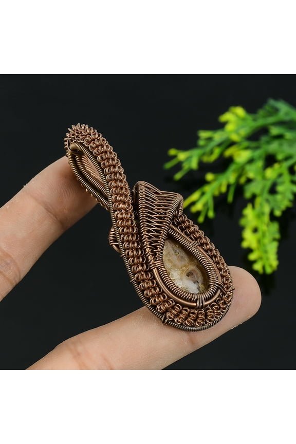 Natural White Solar Quartz Gemstone Copper Wire Wrap Gift Pendant 2.25