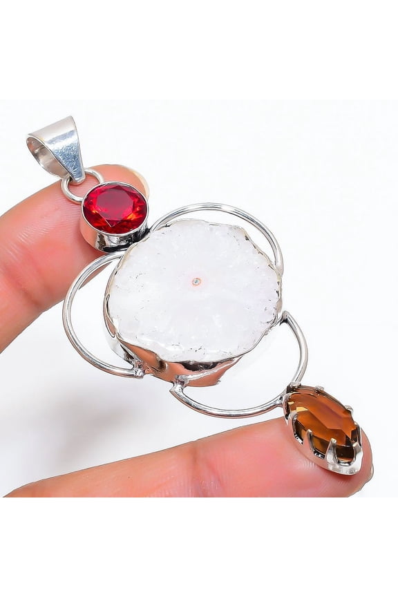 Natural White Solar Quartz Handmade 925 Sterling Silver Pendant 3.07"