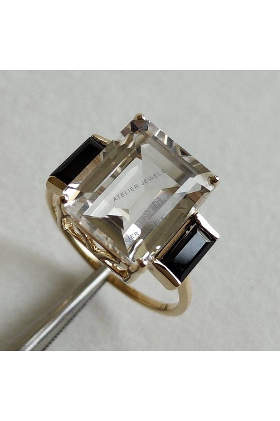 Natural White Topaz & Black Spinel Ring, 14K Solid Yellow Gold Ring, White Topaz Ring, April and August Birthstone, Birthday Present