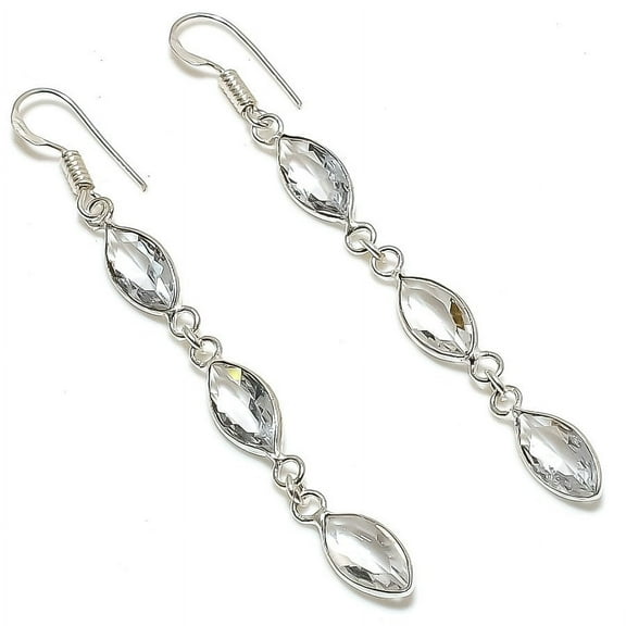 Natural White Topaz Gemstone Handmade 925 Sterling Silver Earring 2.88"