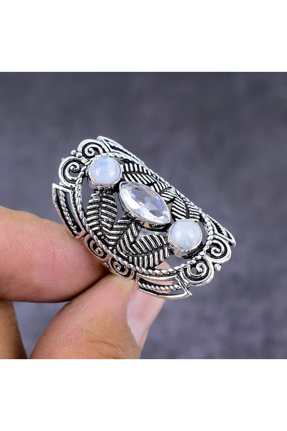 Natural White Topaz,Moonstone Gemstone 925 Sterling Silver Gift Ring S.8.5