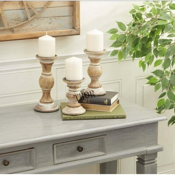 Natural Whitewash Hand Carved Wooden Pillar Candle Holders - Set of 3 Willow Decorative Style Crafted Mango Wood Rustic Table