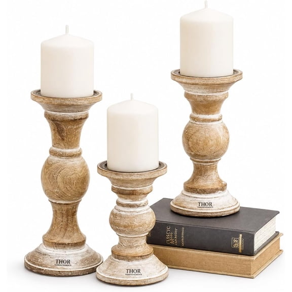 Natural Whitewash Hand Carved Wooden Pillar Candle Holders - Set of 3 Willow Decorative Style Crafted Mango Wood Rustic Table