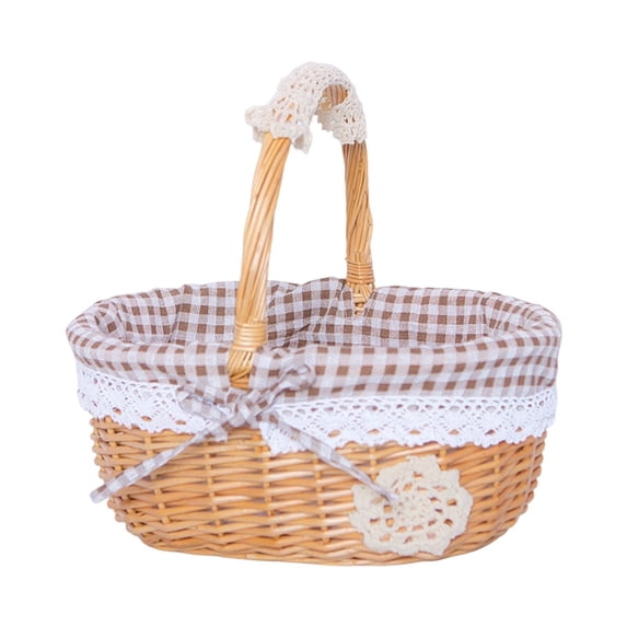 Natural Wicker Basket with Double Handles & Washable Gingham Liner, Small Hand Woven Empty Basket for Easter Gifts, Picnics, Home Decor, Candy Fruit Storage