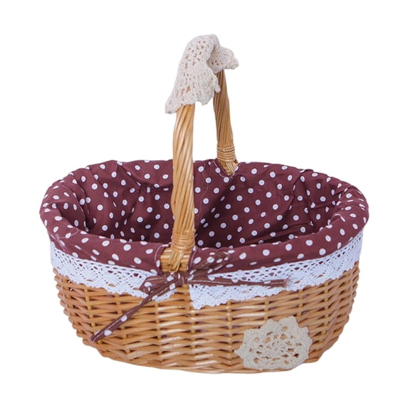 Natural Wicker Basket with Double Handles & Washable Gingham Liner, Small Hand Woven Empty Basket for Easter Gifts, Picnics, Home Decor, Candy Fruit Storage