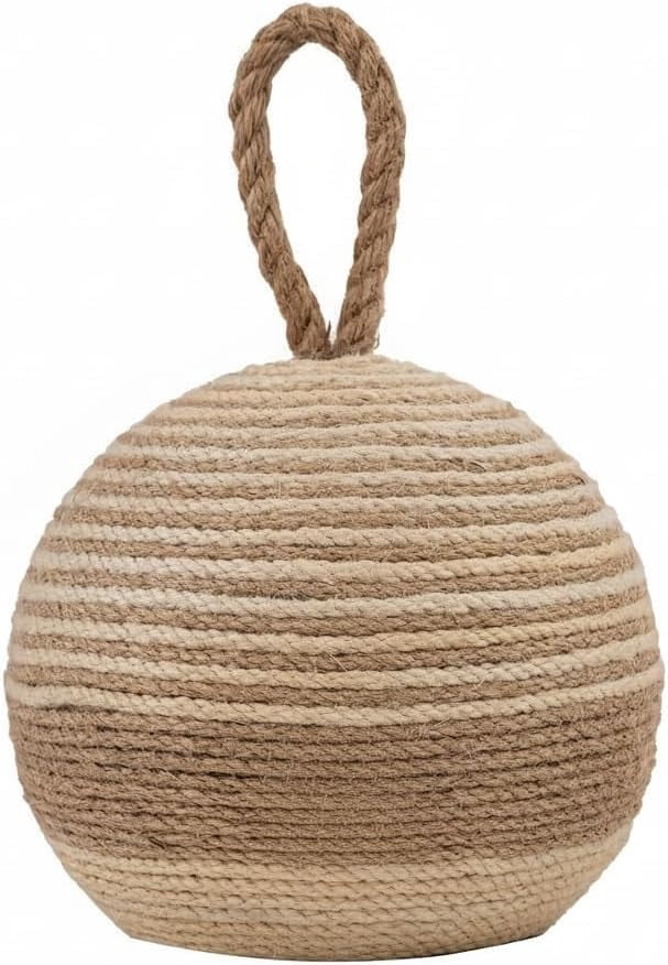 Natural Wicker Door Stopper with Handle, Rustic Farmhouse Decorative Door Stop, Heavy Indoor Doorstop, Nautical Blocker Jammer 6.3''D Sphere Ball Shape (Jute)