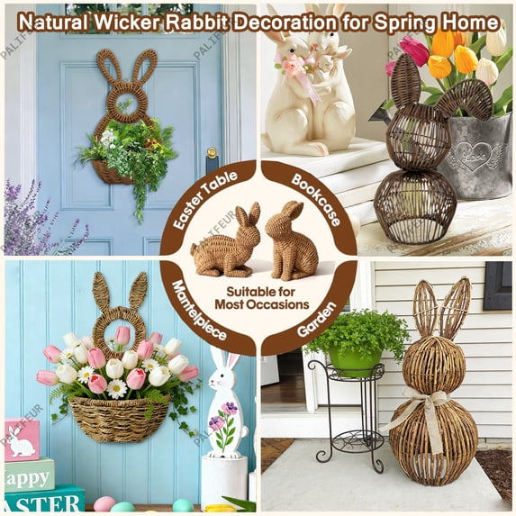 Natural Wicker Easter Bunny Decorations & Hand-Woven Bunny Basket Wreaths for Front Door, Spring Table Centerpiece, Easter Decorations for Home by PALIFEUR