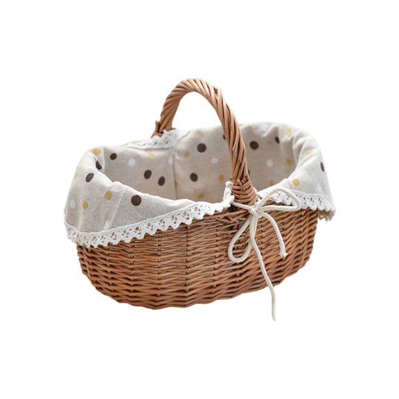 Natural Wicker Picnic Basket, Large Capacity Handwoven Rattan Garden Basket with Handle and Fabric Liner,Multi-Purpose Handcrafted Wicker Storage Basket for Wedding Decor,Gifts Organization,6.7x9.8"