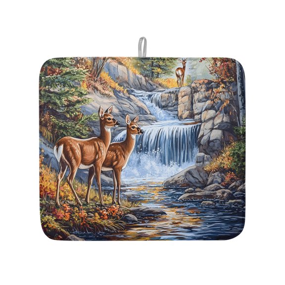Natural Wild Deer Stream Forest Dish Drying Mats for Kitchen Counter,Absorbent Microfiber Dish Drainer Rack Mat Country Field Scenery Drying Pad for Sinks,Utensils,Countertops,16x18in