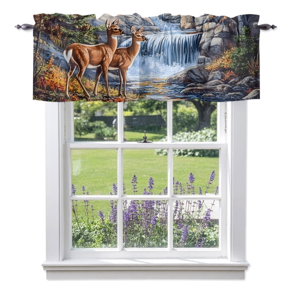 Natural Wild Deer Stream Forest Valances for Windows,Kitchen Valance Rod Pocket Short Curtain, Country Field Scenery Valance Curtain Window Valances for Bedroom Bathroom Living Room 42x12in