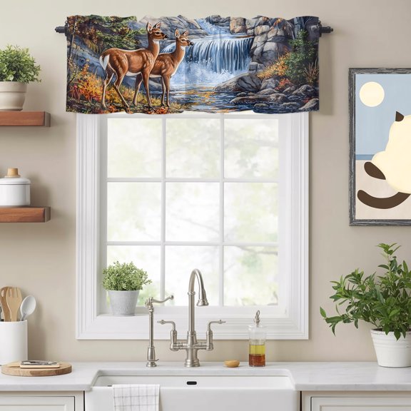 Natural Wild Deer Stream Forest Valances for Windows,Kitchen Valance Rod Pocket Short Curtain, Country Field Scenery Valance Curtain Window Valances for Bedroom Bathroom Living Room 54x18in
