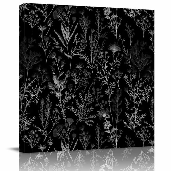 Natural Wild Plant Botanical Leaves Canvas Artwork Painting Art, Plant Foliage on Black Square Framed Wall Decorations Prints Picture for Bedroom Kitchen Living Room, 8x8 in