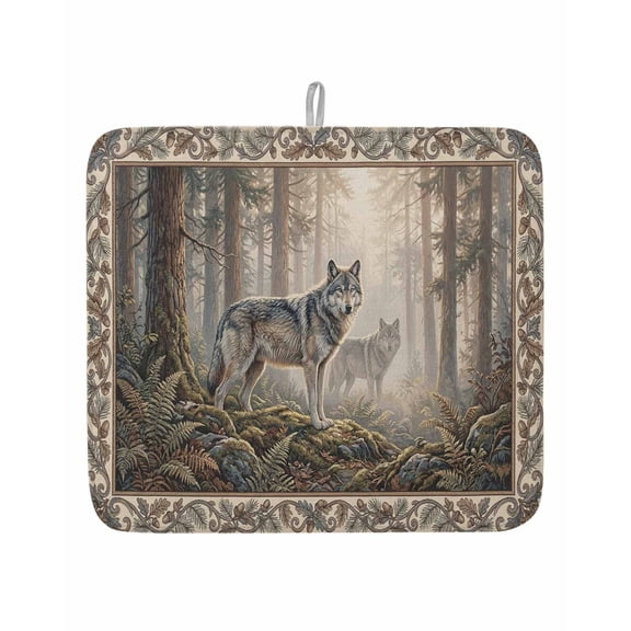 Natural Wild Wolf Forest Scenery Dish Drying Mats for Kitchen Counter,Absorbent Microfiber Dish Drainer Rack Mat Animal Botanical Tree Plant Drying Pad for Sinks,Utensils,Countertops,16x18in