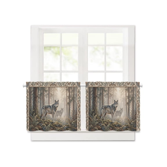Natural Wild Wolf Forest Scenery Short Blackout Curtains 30 Inch Long,Animal Botanical Tree Plant Rod Pocket Kitchen Curtains,2 Panels Thermal Insulated Room Darkening Drapes for Bedroom,30"W x 30"L