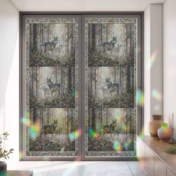 Natural Wild Wolf Forest Scenery Window Privacy Film,Decorative Windows Static Cling Botanical Tree Plant Heat Control Removable Glass Sticker for Home Bathroom Bedroom Window Door,35x79in